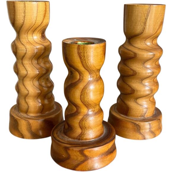 Vintage Candlesticks Midcentury Swirl Groovy Turned Wood Chunky Postmodern 3 - Picture 1 of 9